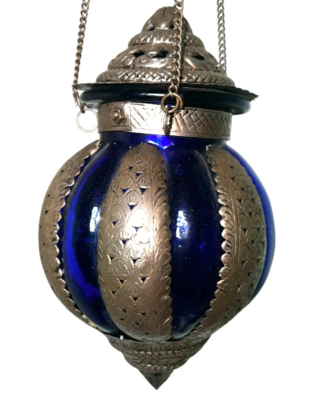 Moroccan-Style Hanging Lantern - Cobalt Blue and Brass
